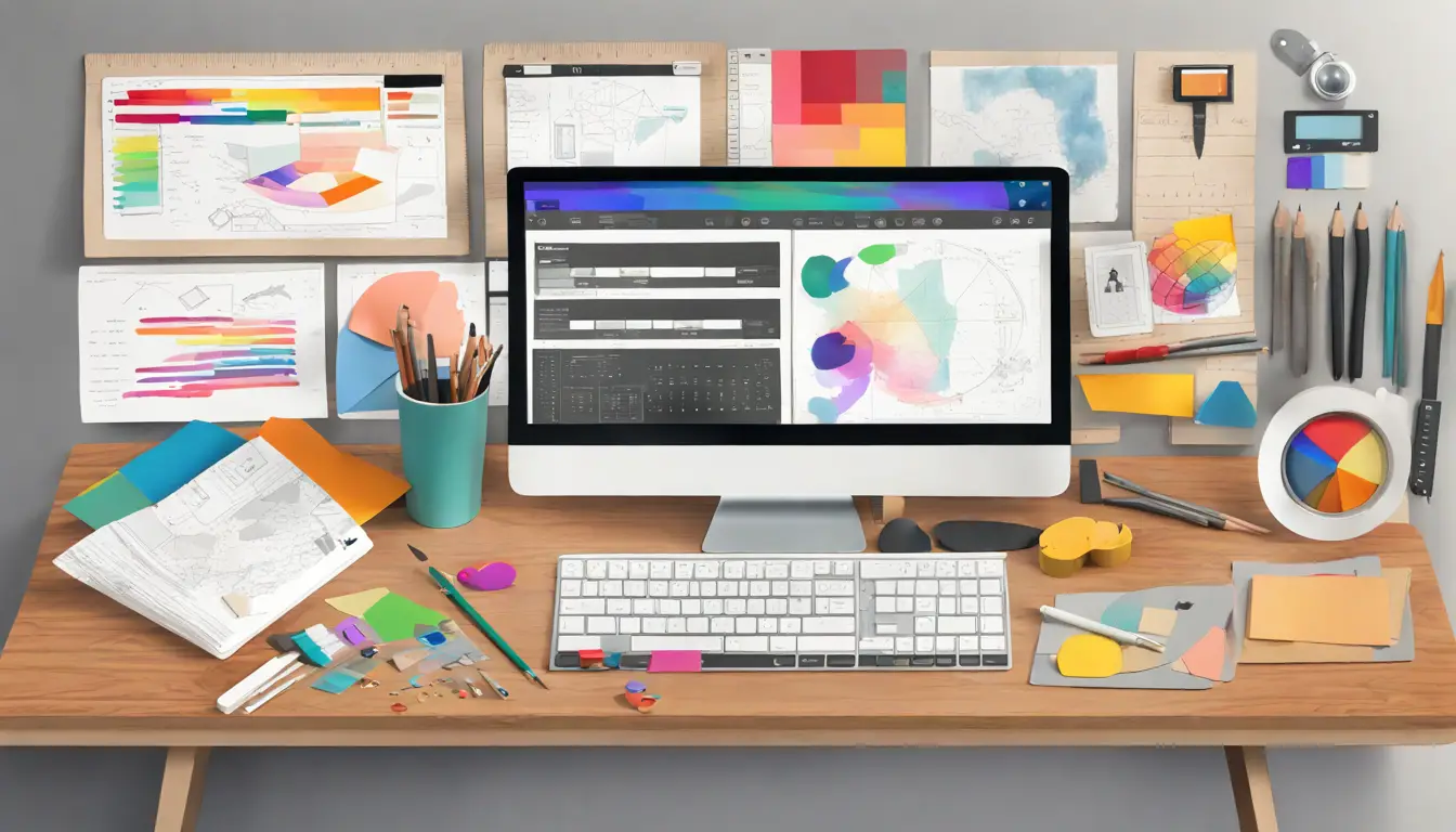 Computador com interface de construção de sites e ferramentas de design em mesa de madeira.