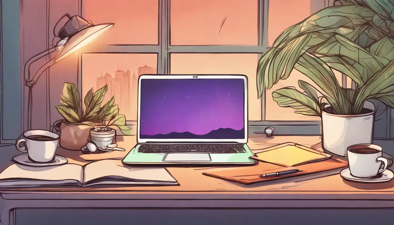 Mesa de escritório com laptop mostrando site, anotações coloridas, canetas e xícara de café sob lâmpada de mesa.