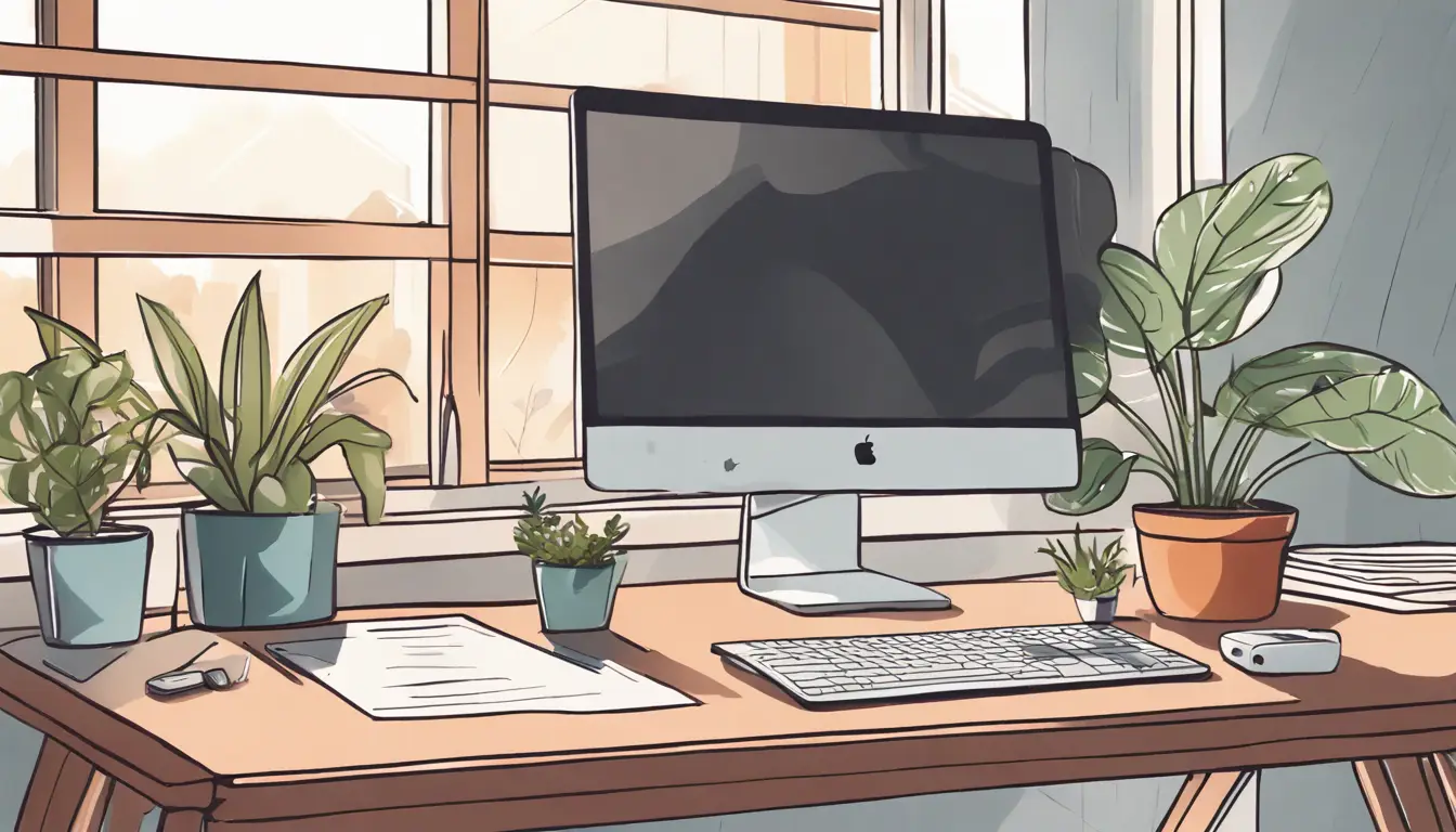 Computador em escritório caseiro mostrando site, cercado por plantas e iluminação suave ao lado de janela.