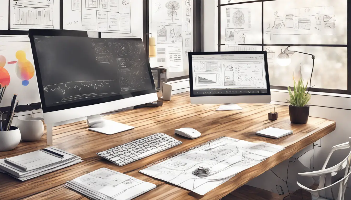 Área de trabalho moderna com computador exibindo interface de design de site minimalista.