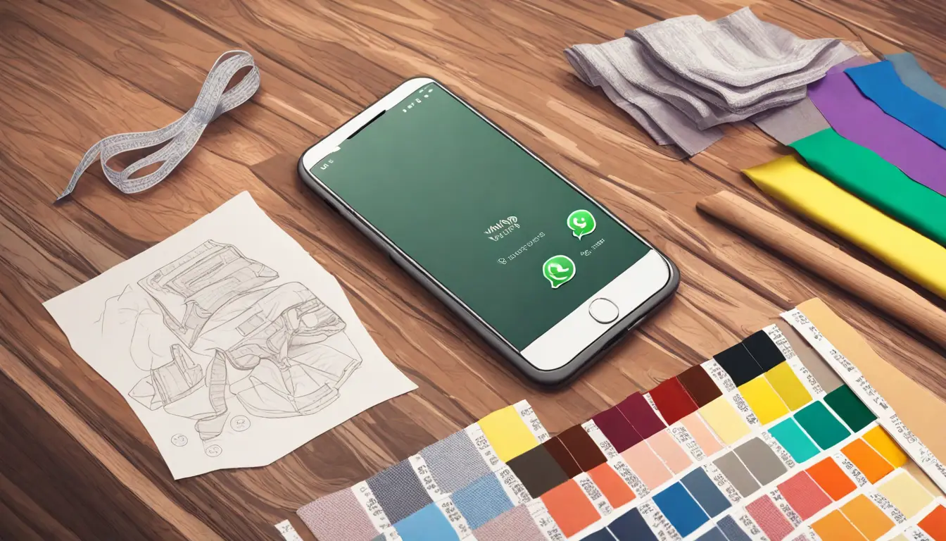 Smartphone na mesa mostrando conversa de pedidos de roupas no WhatsApp, com amostras de tecido e fita métrica.