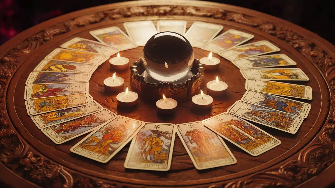 Mesa redonda de madeira com cartas de tarot dispostas em leque e bola de cristal no centro, cercada por velas pequenas.