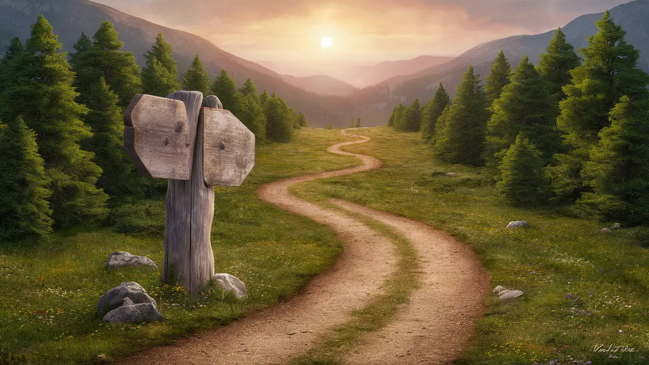 Caminho de montanha sinuoso em direção ao nascer do sol, cercado por árvores verdes e pequenas flores silvestres coloridas.
