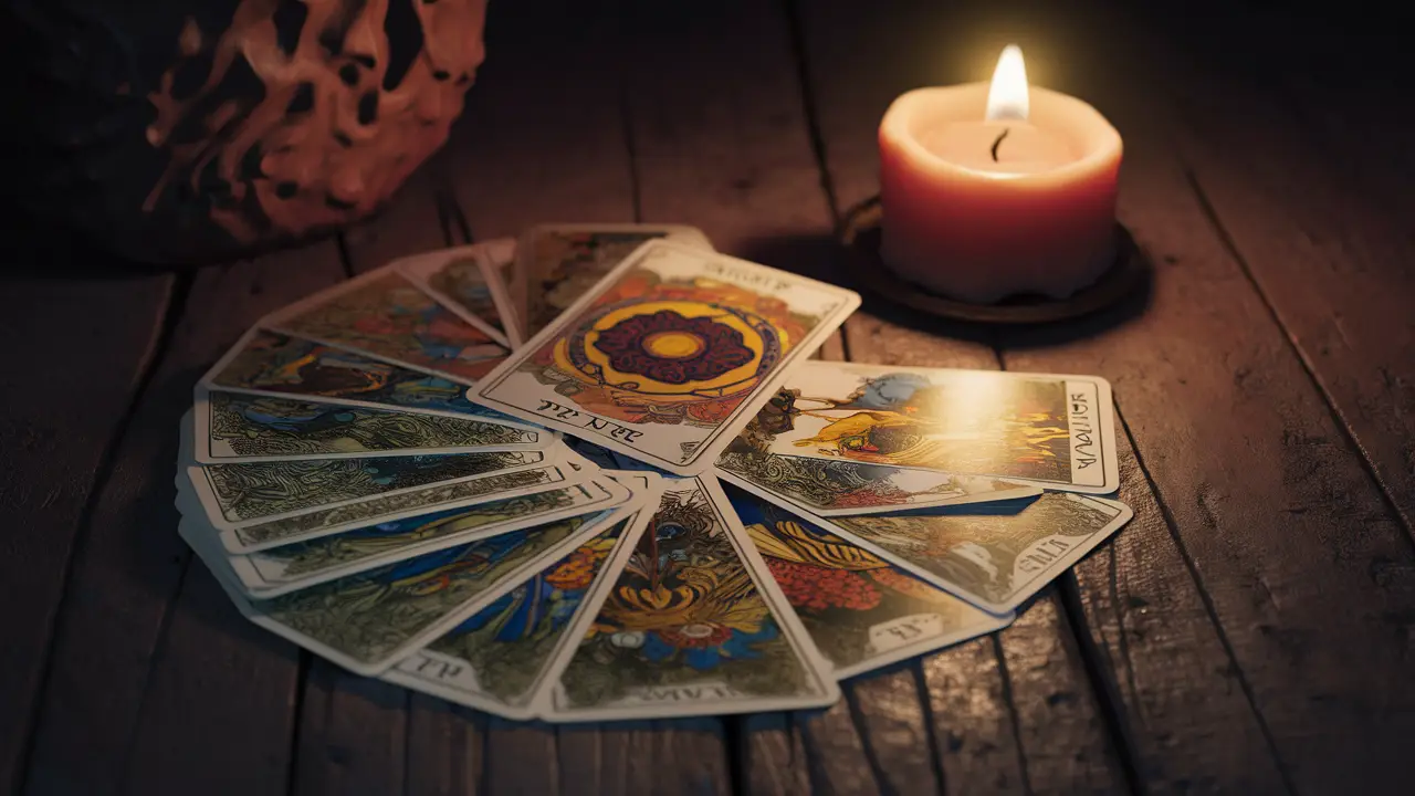Cartas de tarô dispostas em uma mesa de madeira com uma vela acesa ao lado, em um ambiente iluminado suavemente.