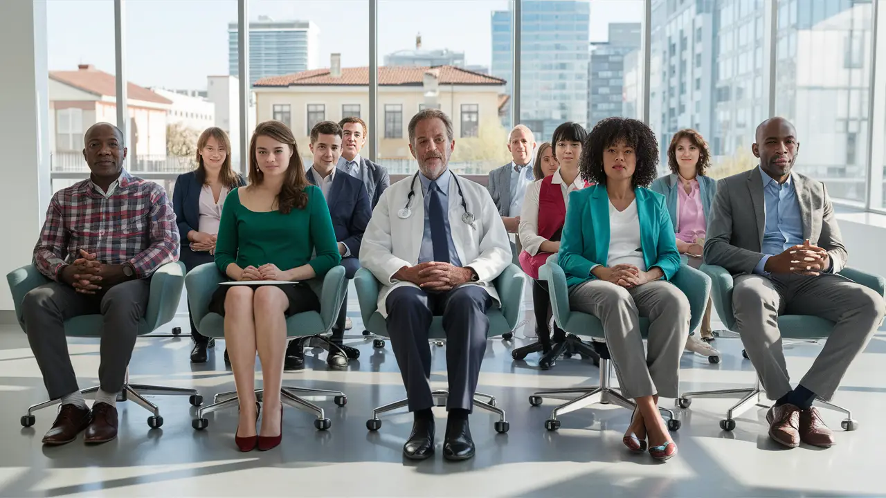 Pessoas de diferentes idades e tipos físicos sentadas em uma moderna sala de espera médica.