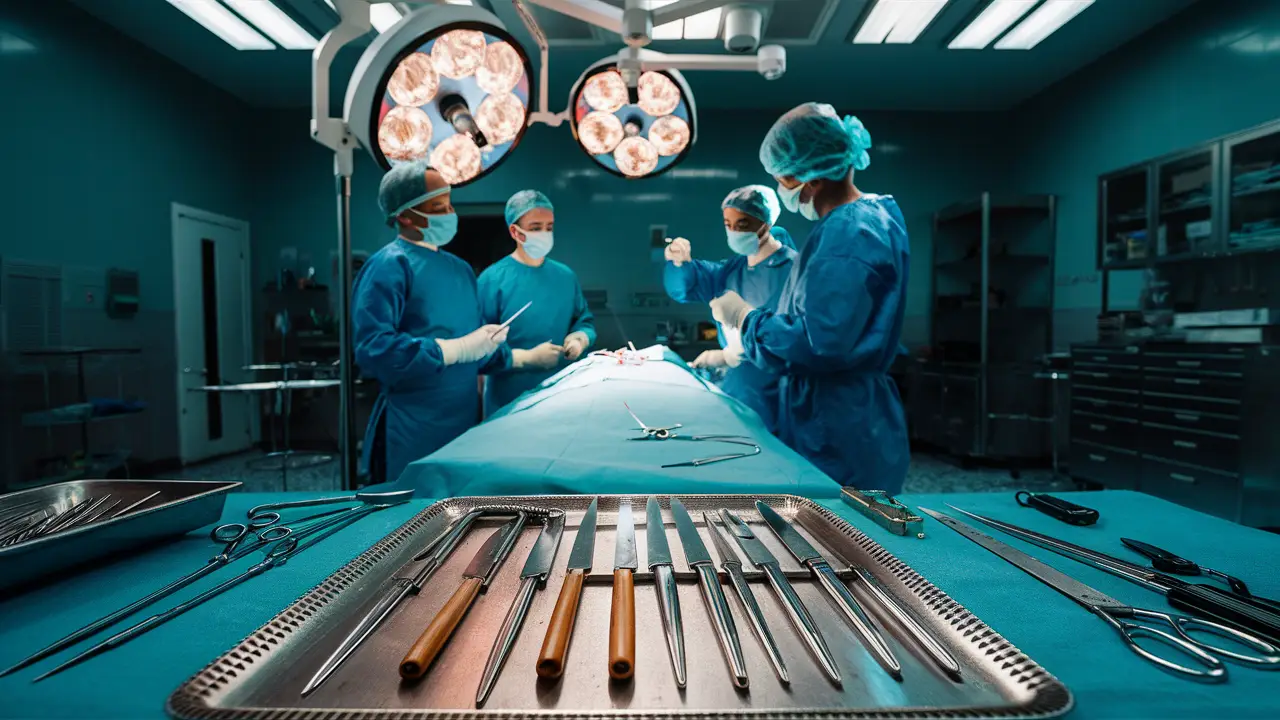 Sala cirúrgica com mesa grande, instrumentos cirúrgicos e equipe médica em preparação para cirurgia.