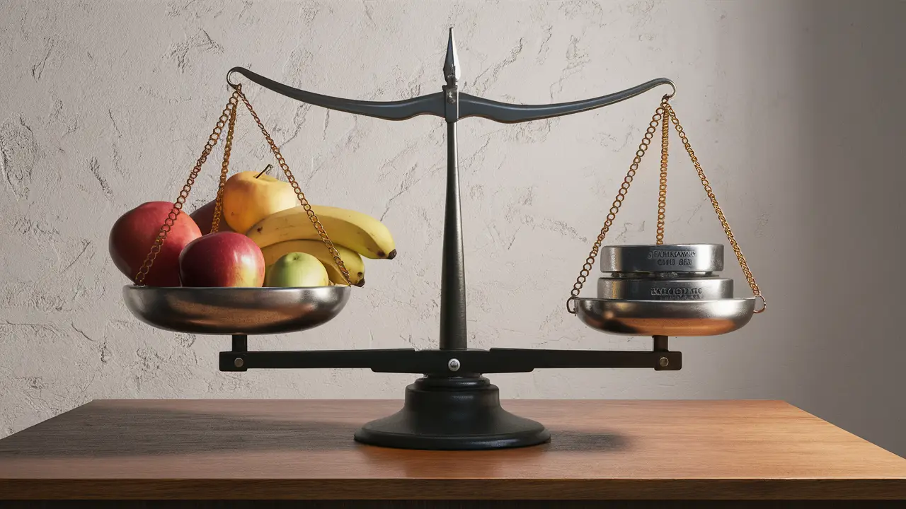 Balança equilibrada com frutas de um lado e pesos do outro em mesa de madeira com parede branca ao fundo.