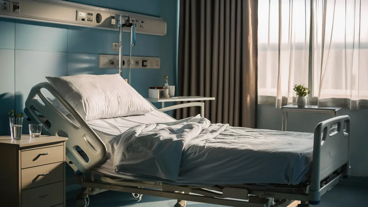 Quarto de hospital com cama médica arrumada, mesa de cabeceira com copo de água e planta, e janela com cortinas abertas.