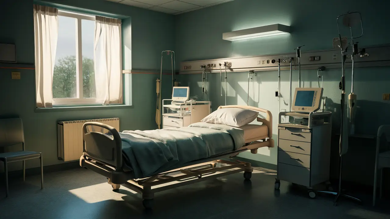 Quarto de recuperação hospitalar com cama central e luz suave entrando pela janela.