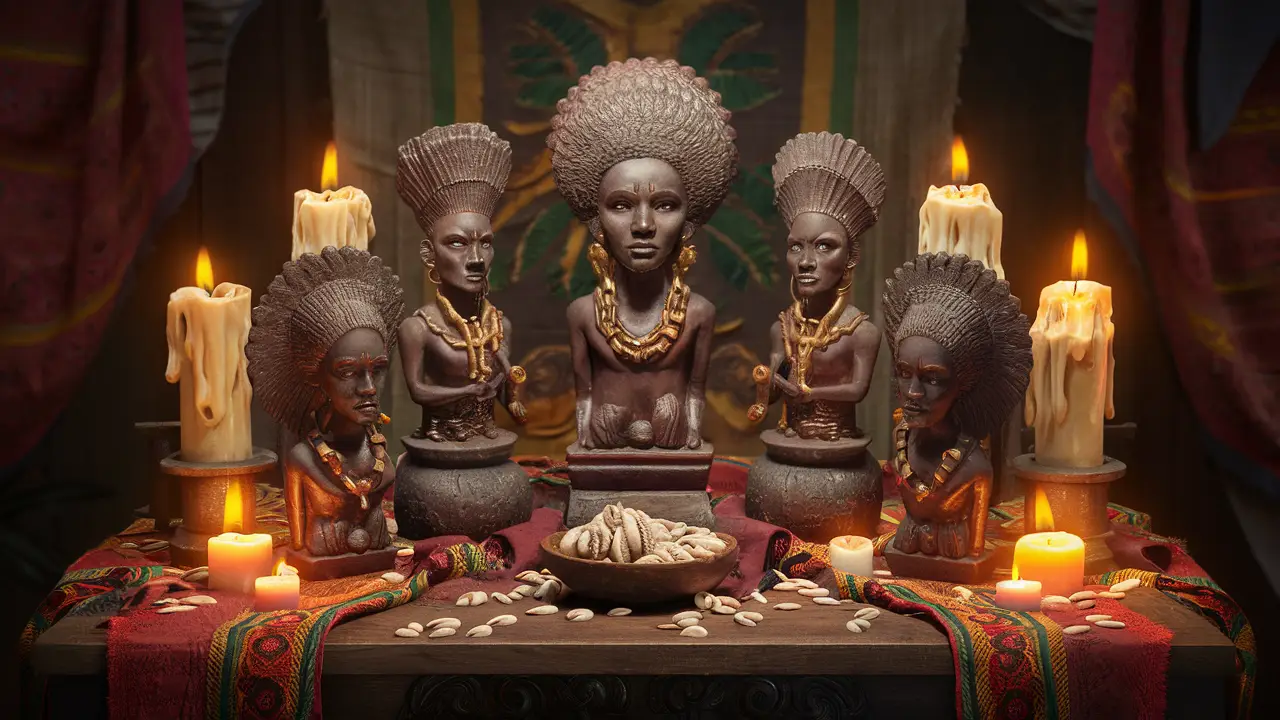 Esculturas africanas dos Orixás em altar, cercadas por velas acesas e um recipiente de búzios sobre mesa de madeira com tecidos coloridos.