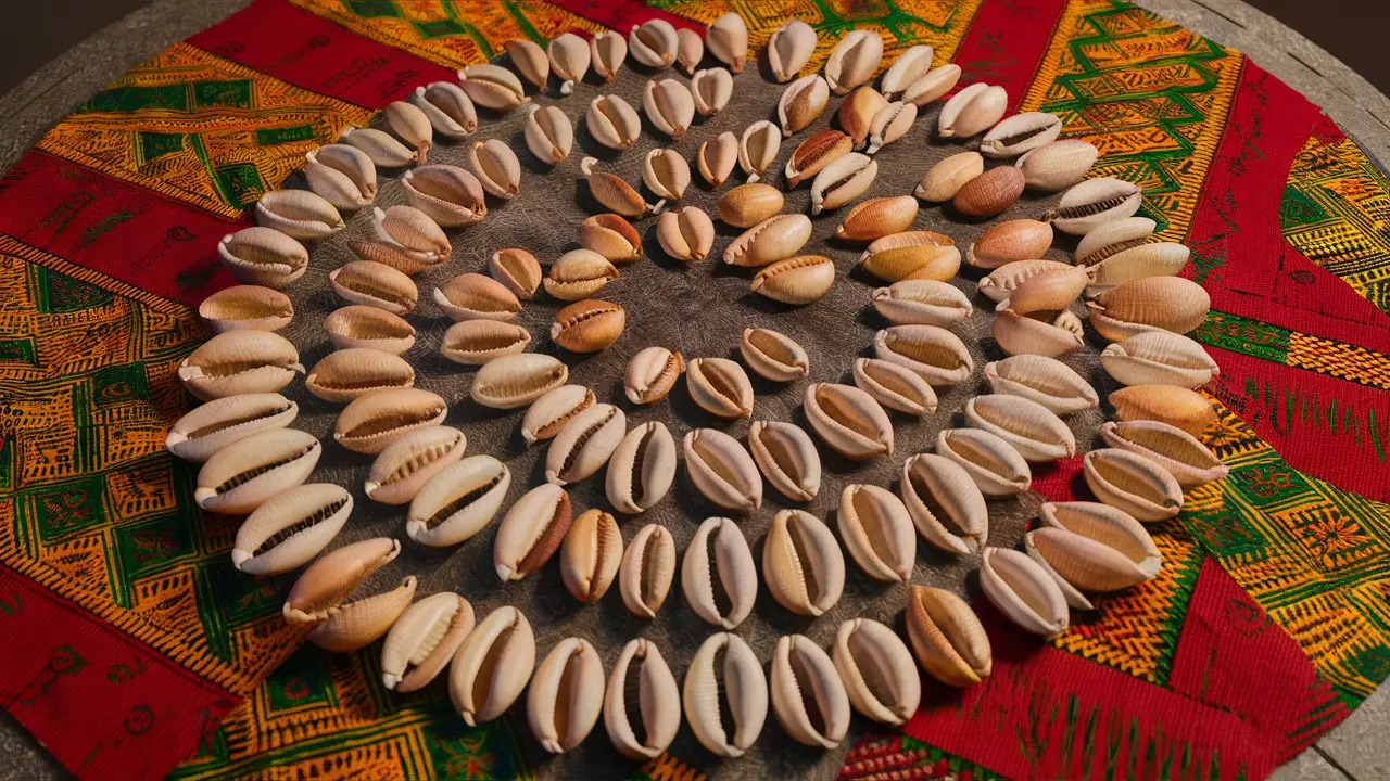 Búzios dispostos sobre uma toalha com padrões africanos vibrantes em vermelho, amarelo e verde.