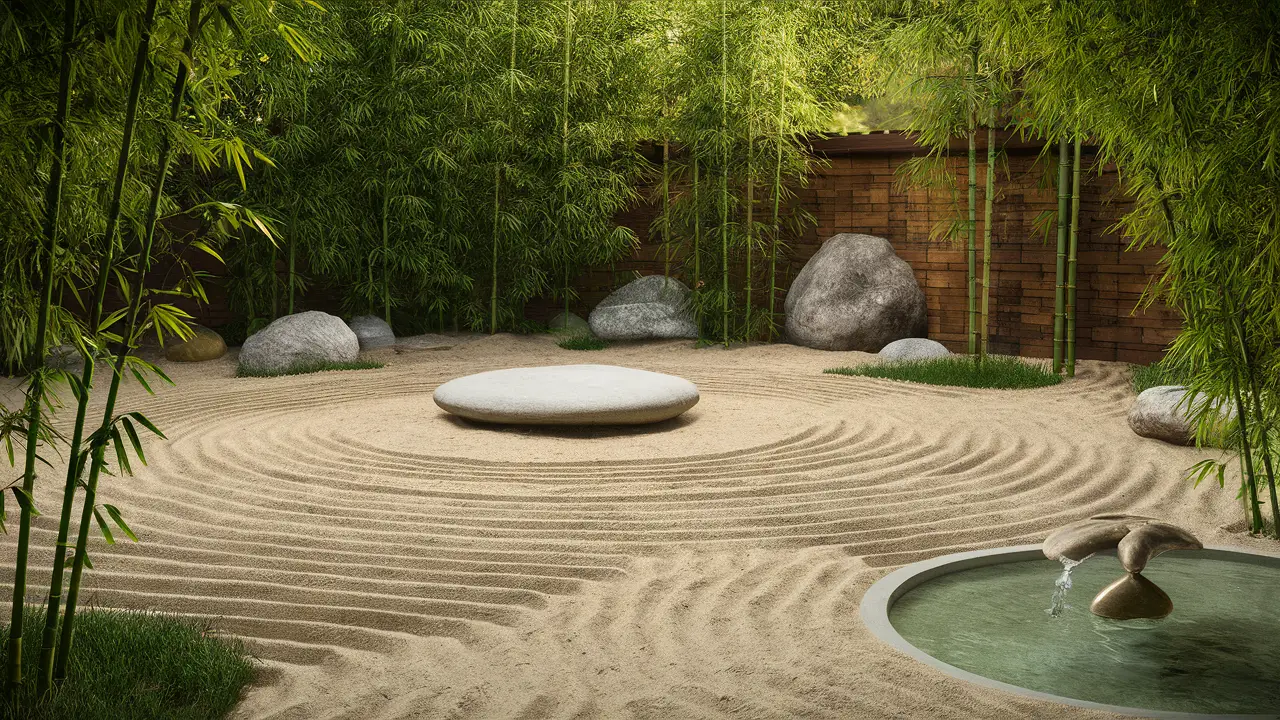 Jardim Zen com círculo de meditação de pedra, padrões de areia, bambus e pequena fonte de água.