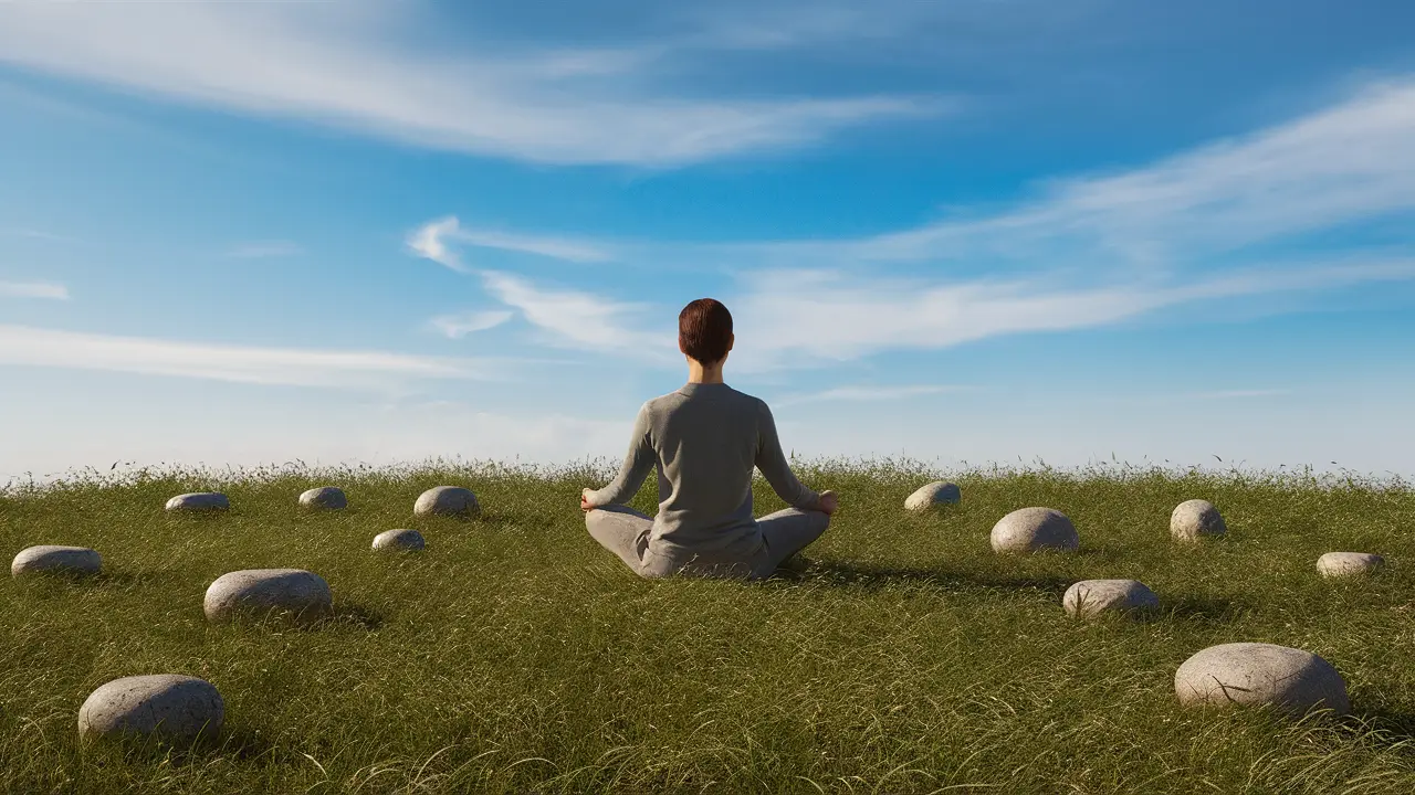 Pessoa sentada em campo gramado cercada por pedras de meditação sob céu azul claro com nuvens suaves.