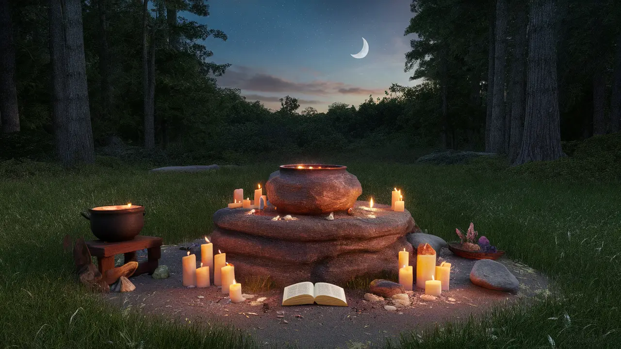 Altar de pedra em uma clareira de floresta cercado por velas acesas, um caldeirão e um livro aberto.