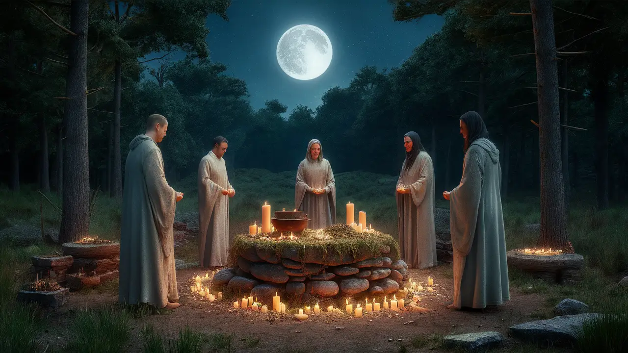 Pessoas em círculo ao redor de altar de pedra com velas, ervas e caldeirão em clareira iluminada pela lua.