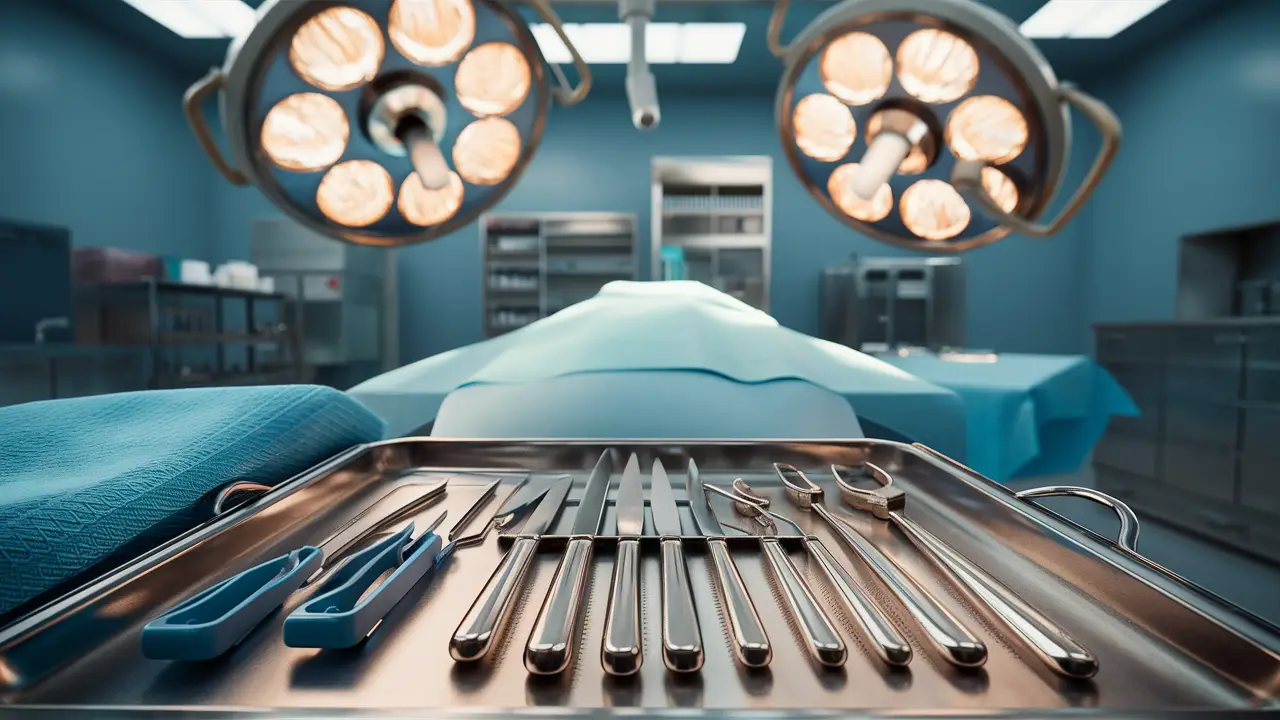 Sala cirúrgica com ferramentas médicas em bandeja de aço e mesa coberta com campo cirúrgico azul.