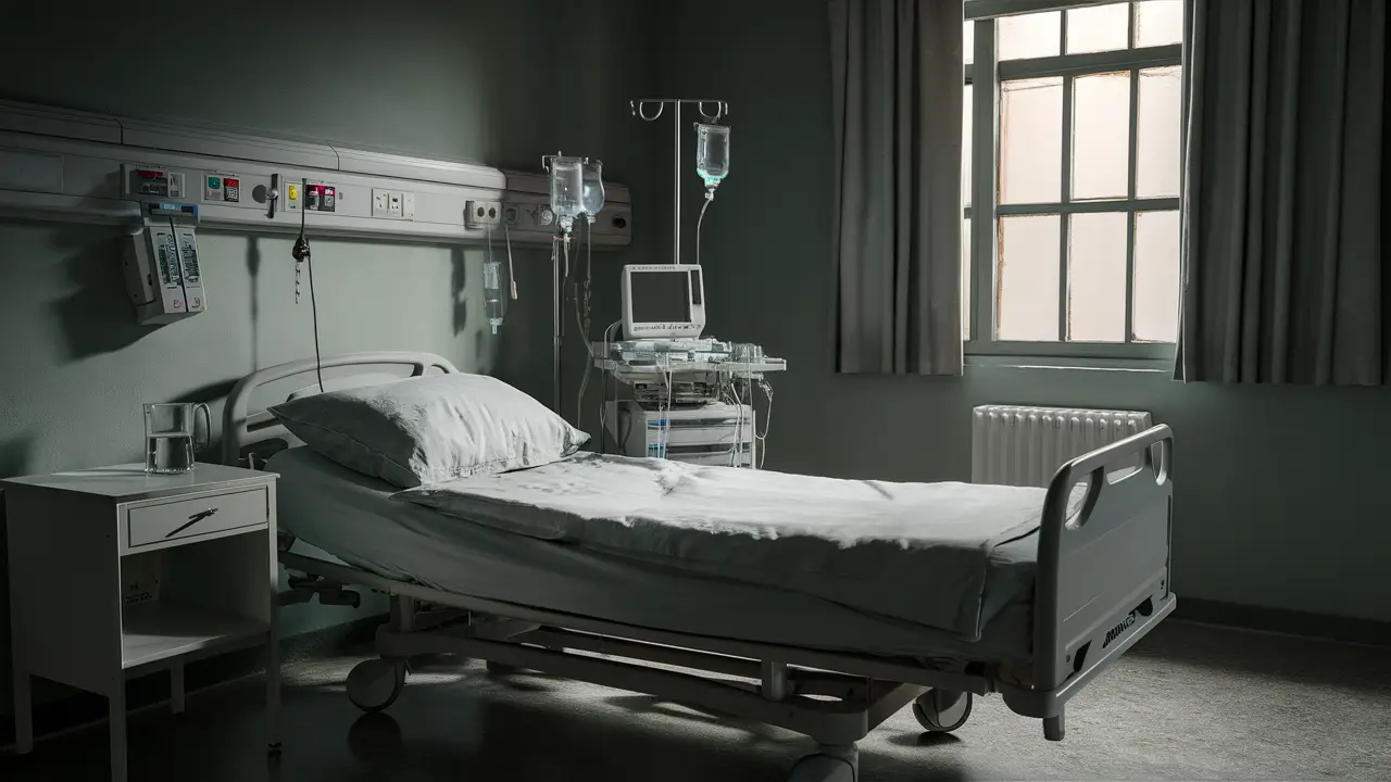 Quarto hospitalar com cama arrumada, equipamentos médicos e mesa pequena com jarra de água.