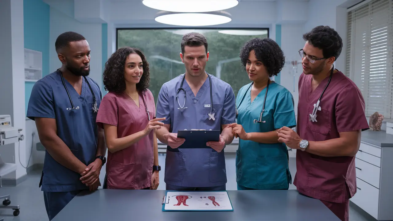 Cinco profissionais de saúde discutindo diagramas anatômicos em uma sala de consulta hospitalar moderna.