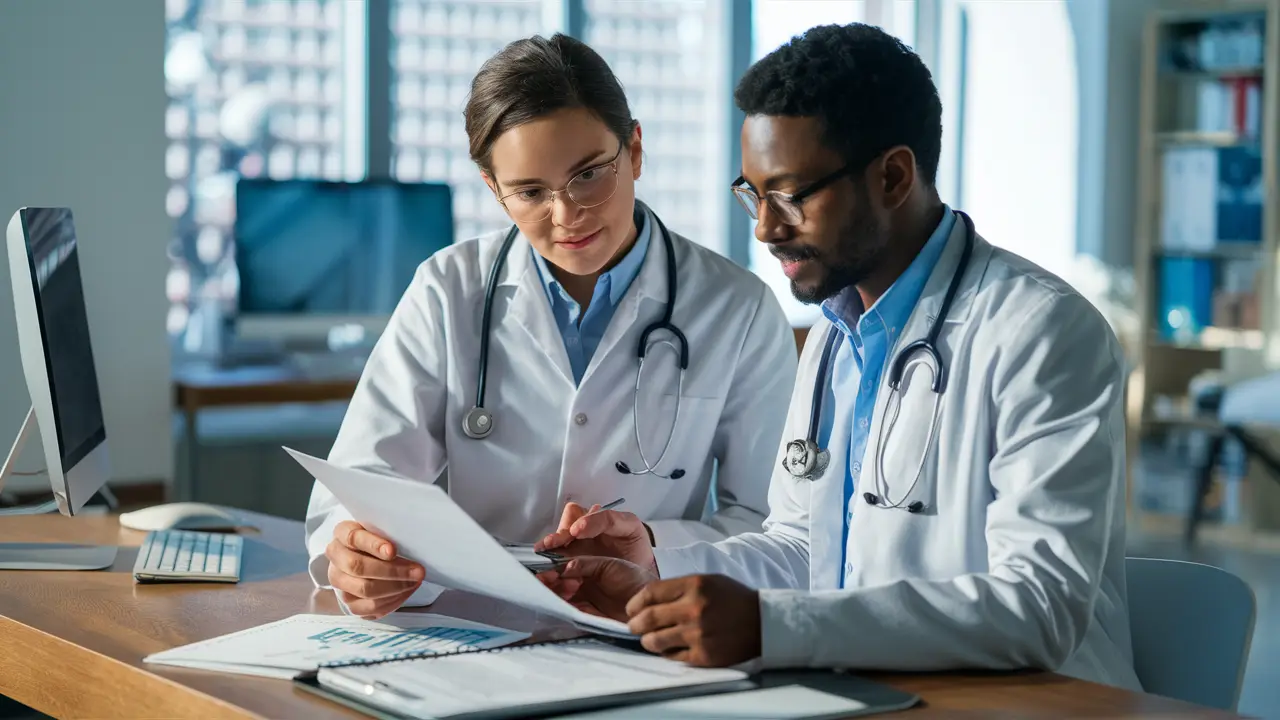 Médicos revisando gráficos de pacientes em um escritório médico iluminado com computador ao fundo.