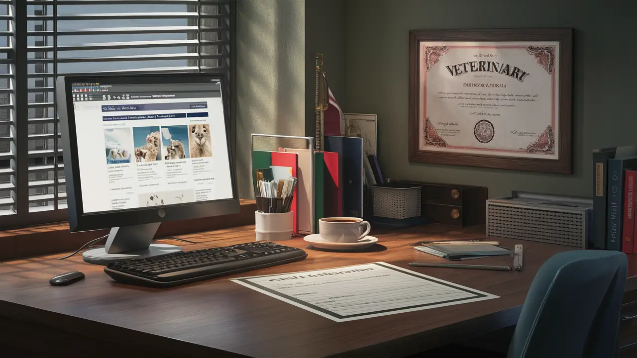 Página de site em computador com formulário de CNPJ para veterinários em mesa de escritório.