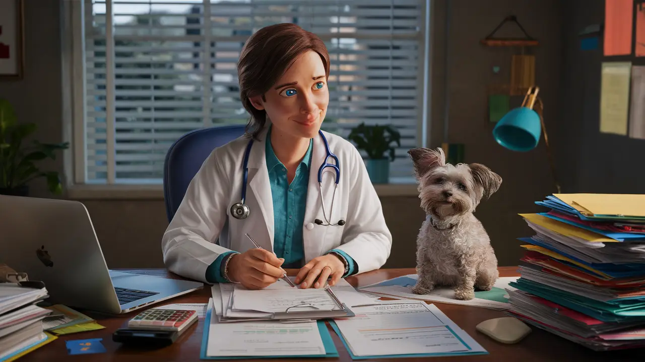 Veterinário de jaleco em mesa com documentos de contabilidade, laptop e cachorro ao lado.