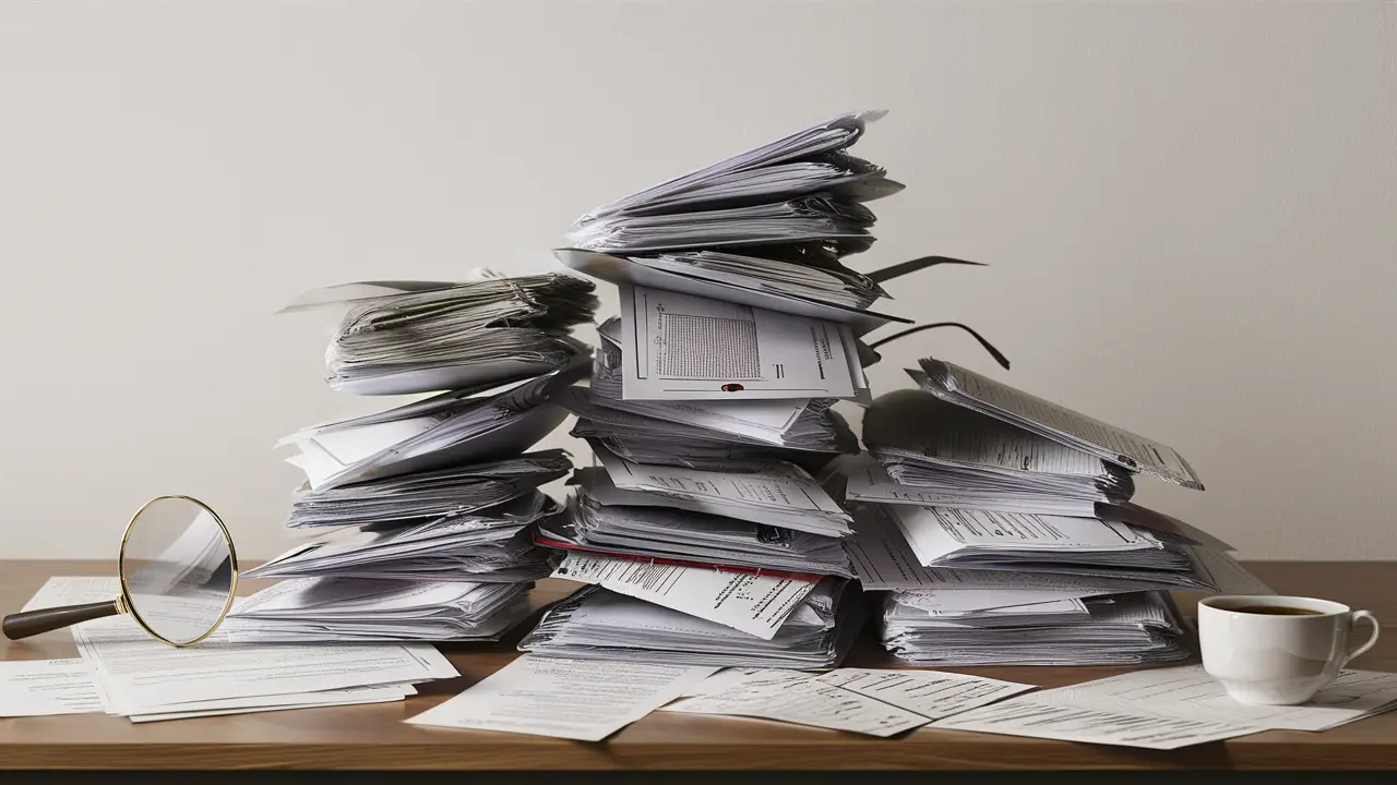 Documentos diversos sobre uma mesa, incluindo formulários e contratos, com lupa e café ao lado.