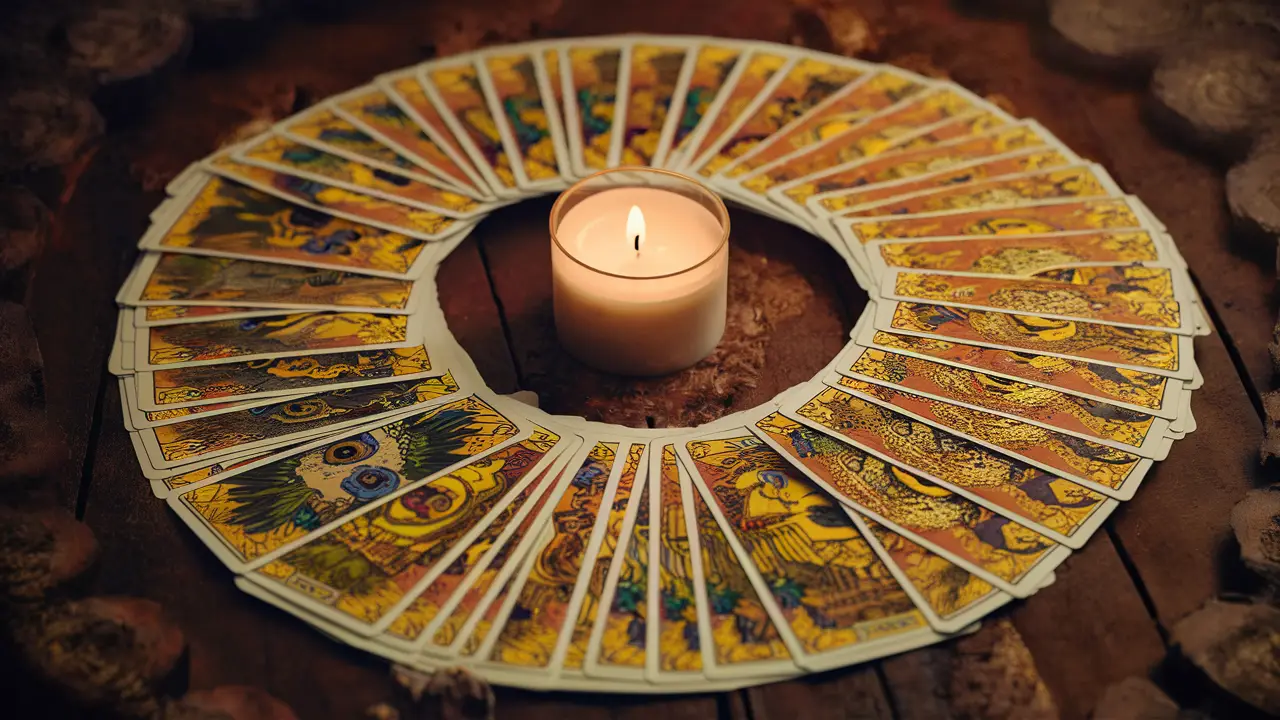 Baralho de cartas de tarô espalhadas em uma mesa de madeira com uma vela iluminando suavemente.