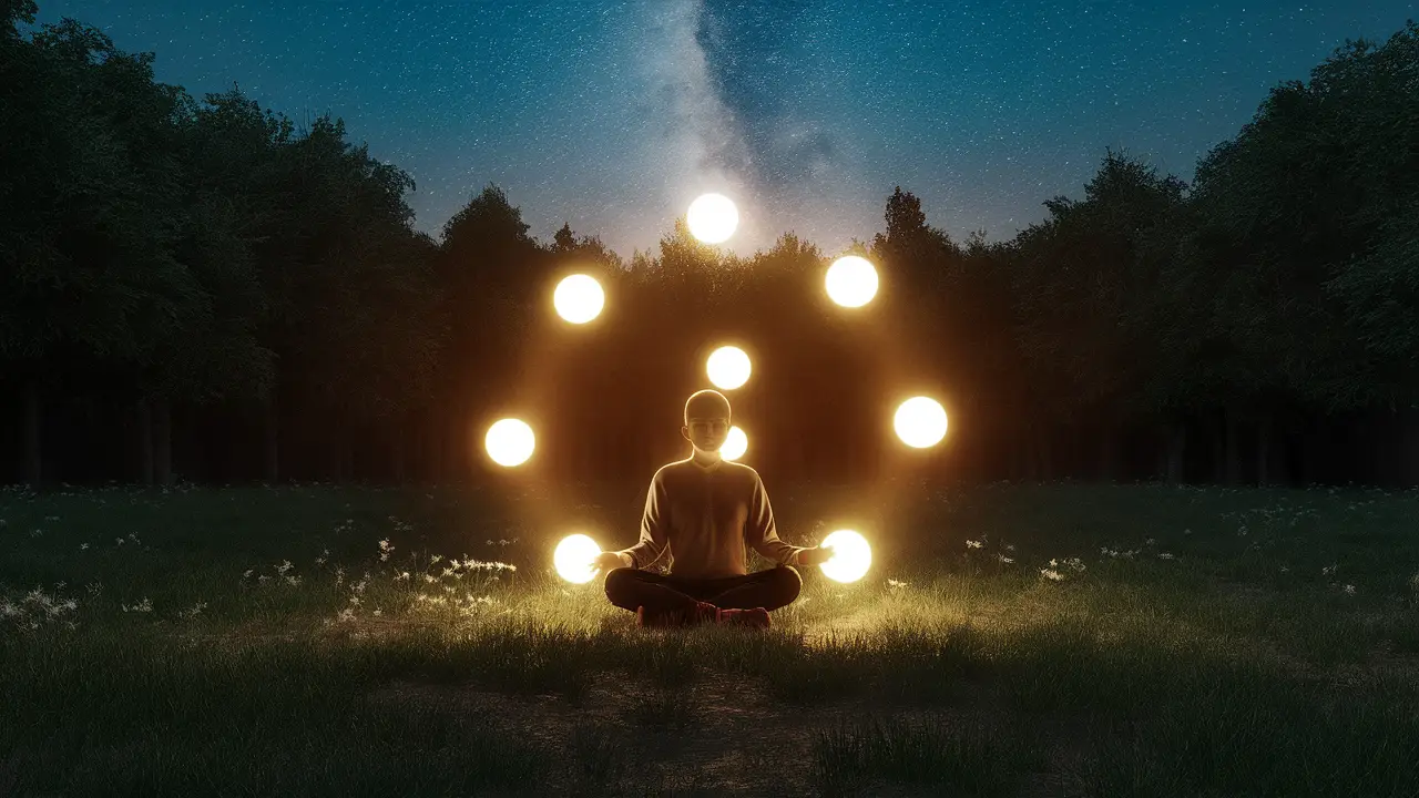 Pessoa meditando à noite em uma clareira na floresta com orbes luminosos ao redor e céu estrelado.