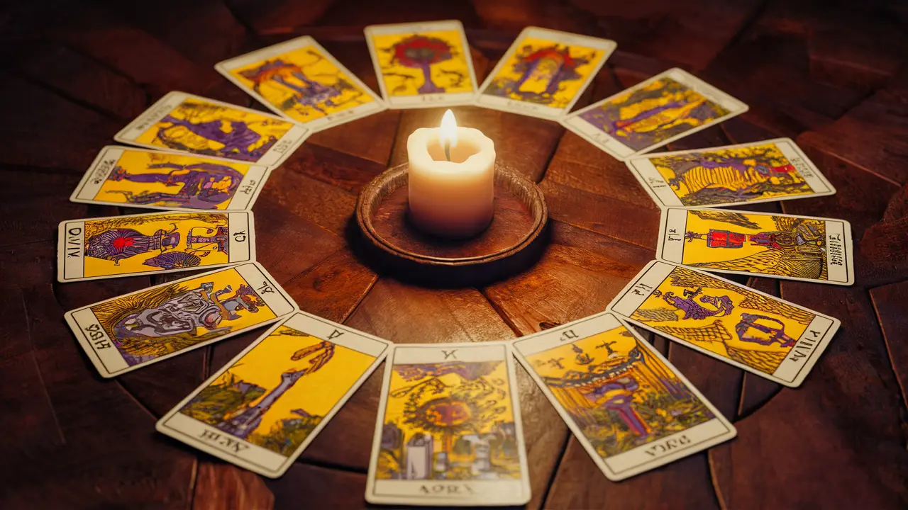 Baralho de tarô disposto em círculo com doze cartas e uma vela central em uma mesa de madeira.