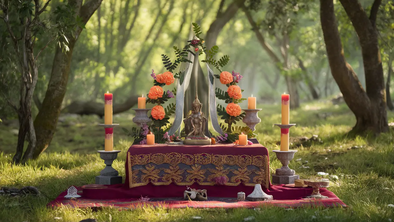 Altar cerimonial em floresta com flores, velas e estátua de divindade iluminada por luz suave entre as árvores.