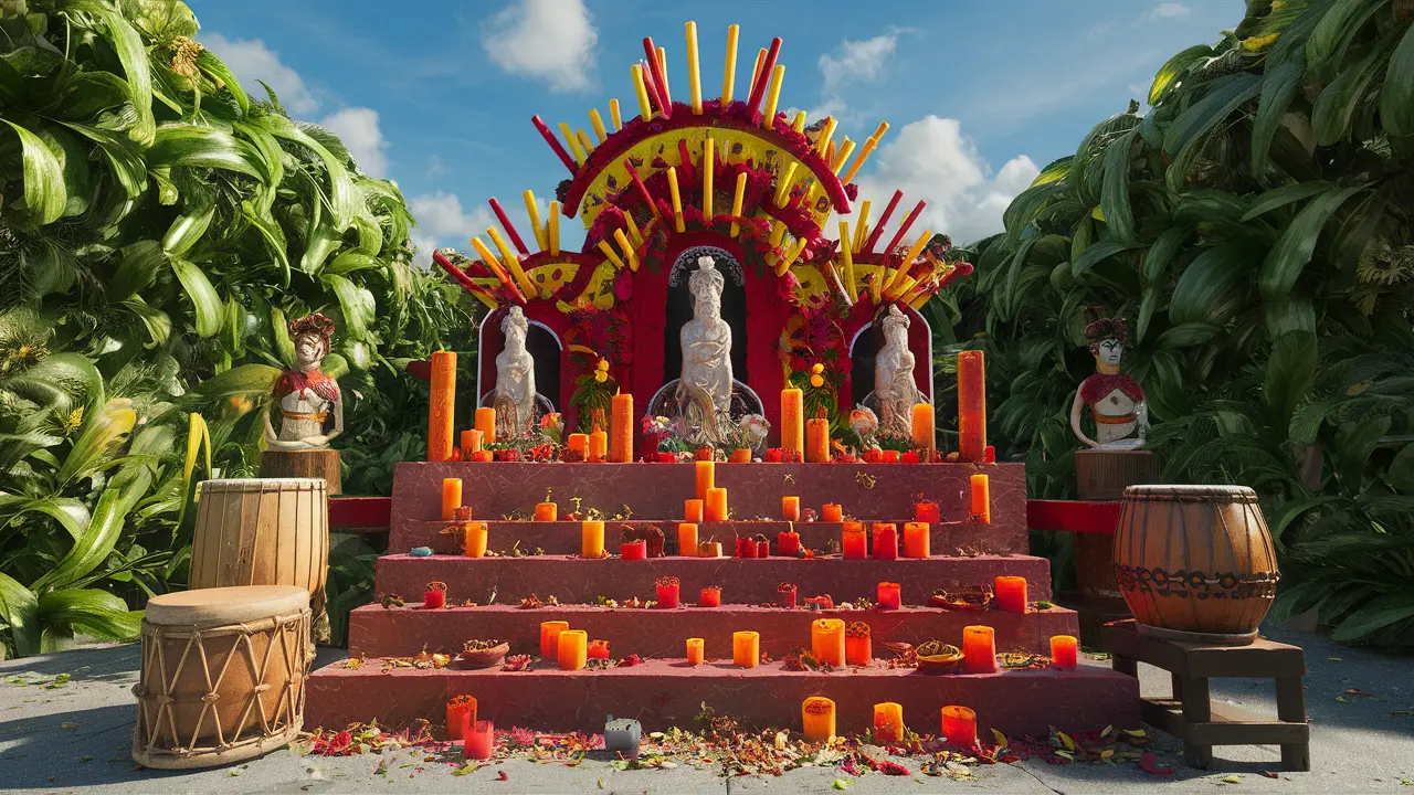 Altar de Candomblé com velas coloridas, oferendas e estátuas de Orixás rodeado por vegetação tropical.