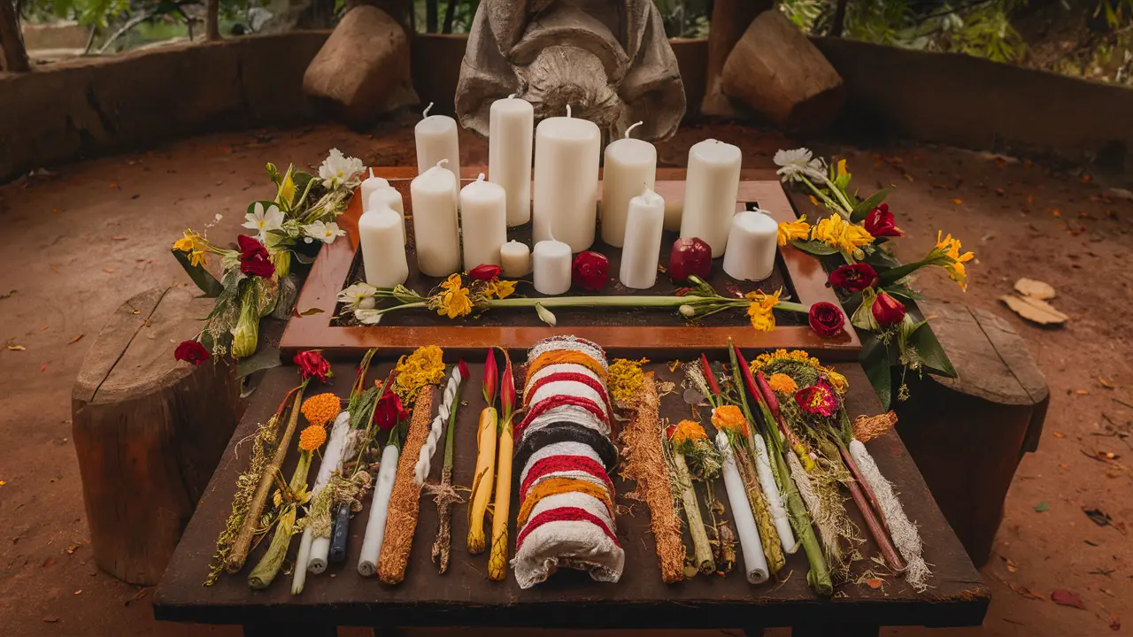 Altar da Umbanda ao ar livre com velas, flores coloridas e oferendas tradicionais sobre mesa de madeira.