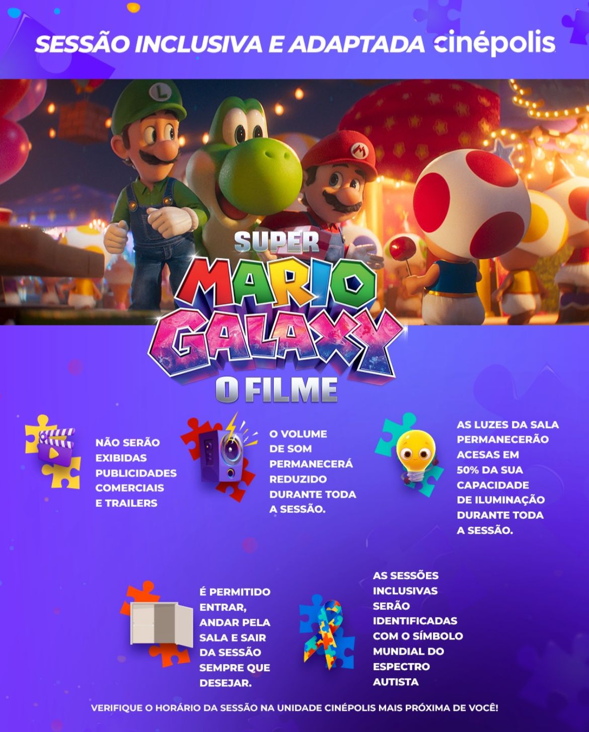 Cinépolis terá sessão inclusiva para crianças com TEA nos dias 25 e 27 de Abril com o filme Super Mario Galaxy