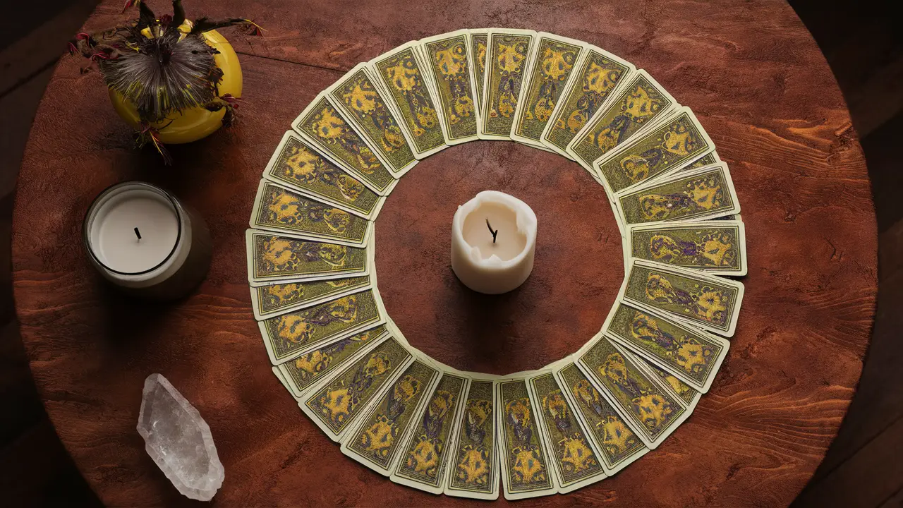 Mesa de madeira com cartas de Tarô de Marselha dispostas em círculo, ao lado de uma vela e um pequeno cristal.