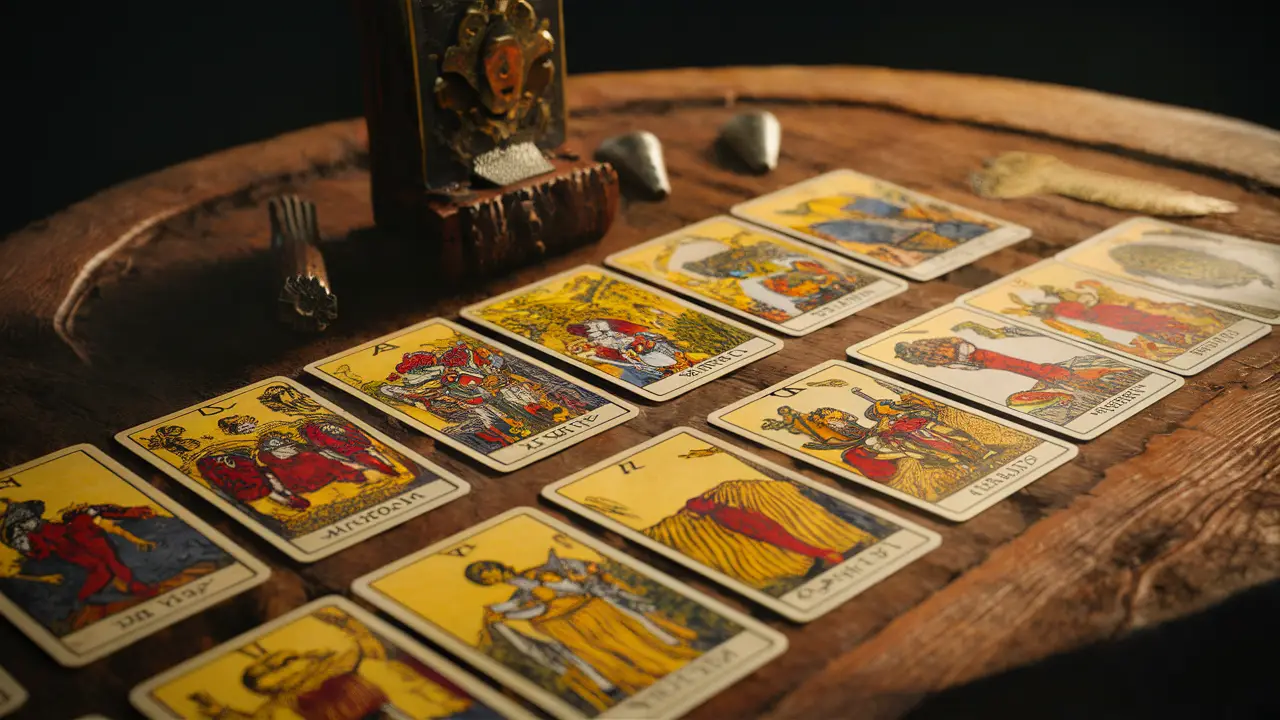Tabela de madeira com cartas de tarô, Arcanos Maiores e Menores, com ilustrações vibrantes e detalhes intrincados.