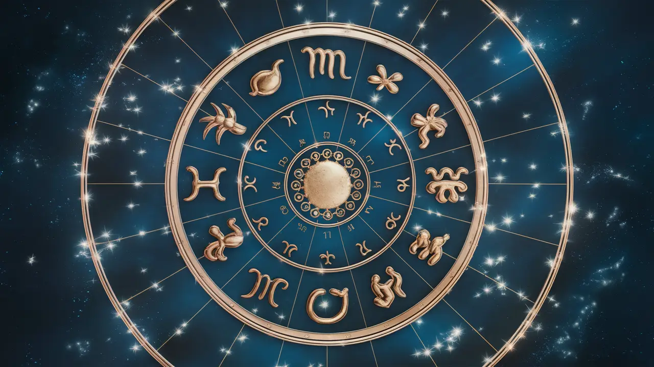 Diagrama circular do zodíaco com símbolos dourados em um fundo azul escuro, cercado por estrelas brilhantes.