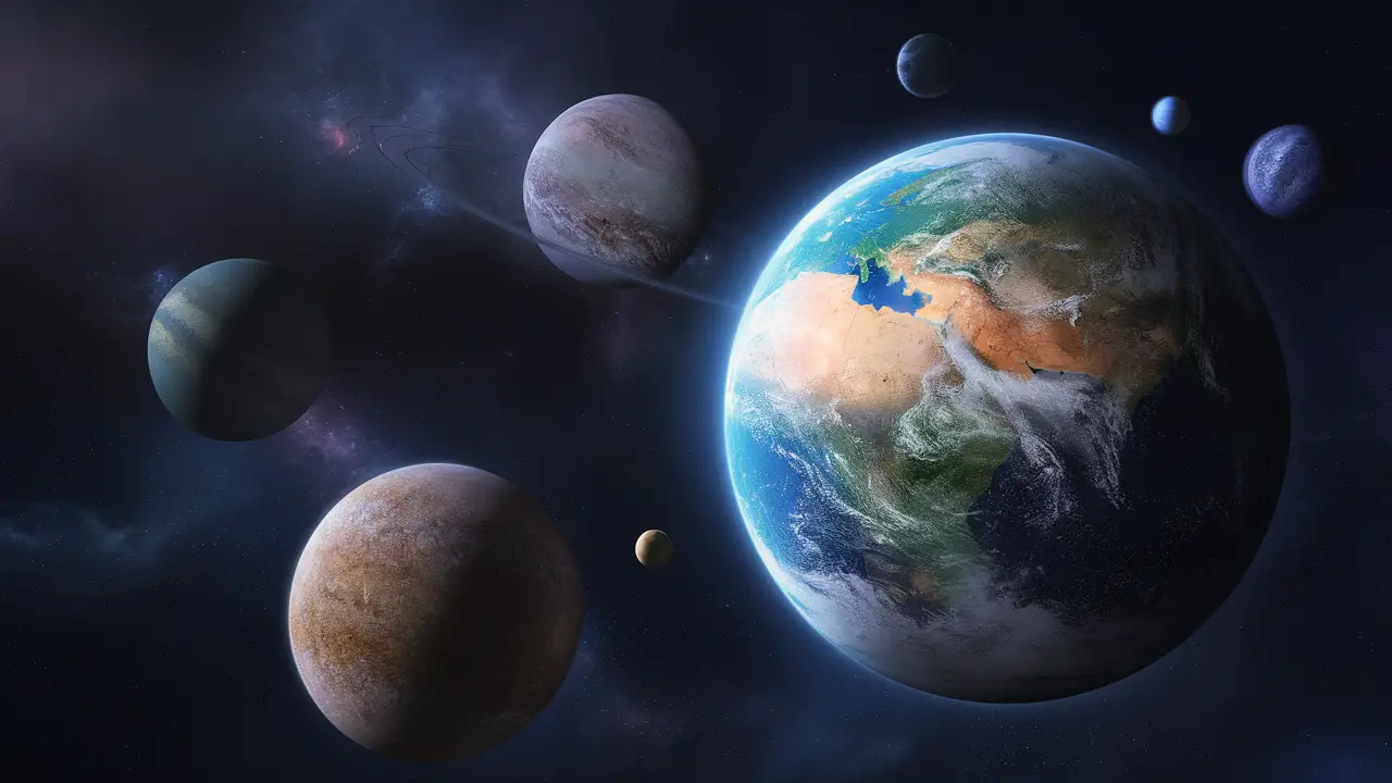 Terra em primeiro plano com planetas coloridos orbitando em um céu cósmico estrelado.