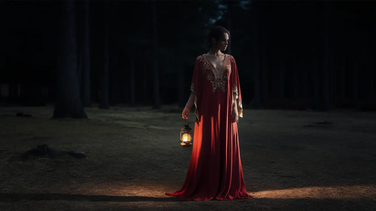 Mulher em vestido vermelho com bordados dourados segura lanterna em clareira escura de floresta.