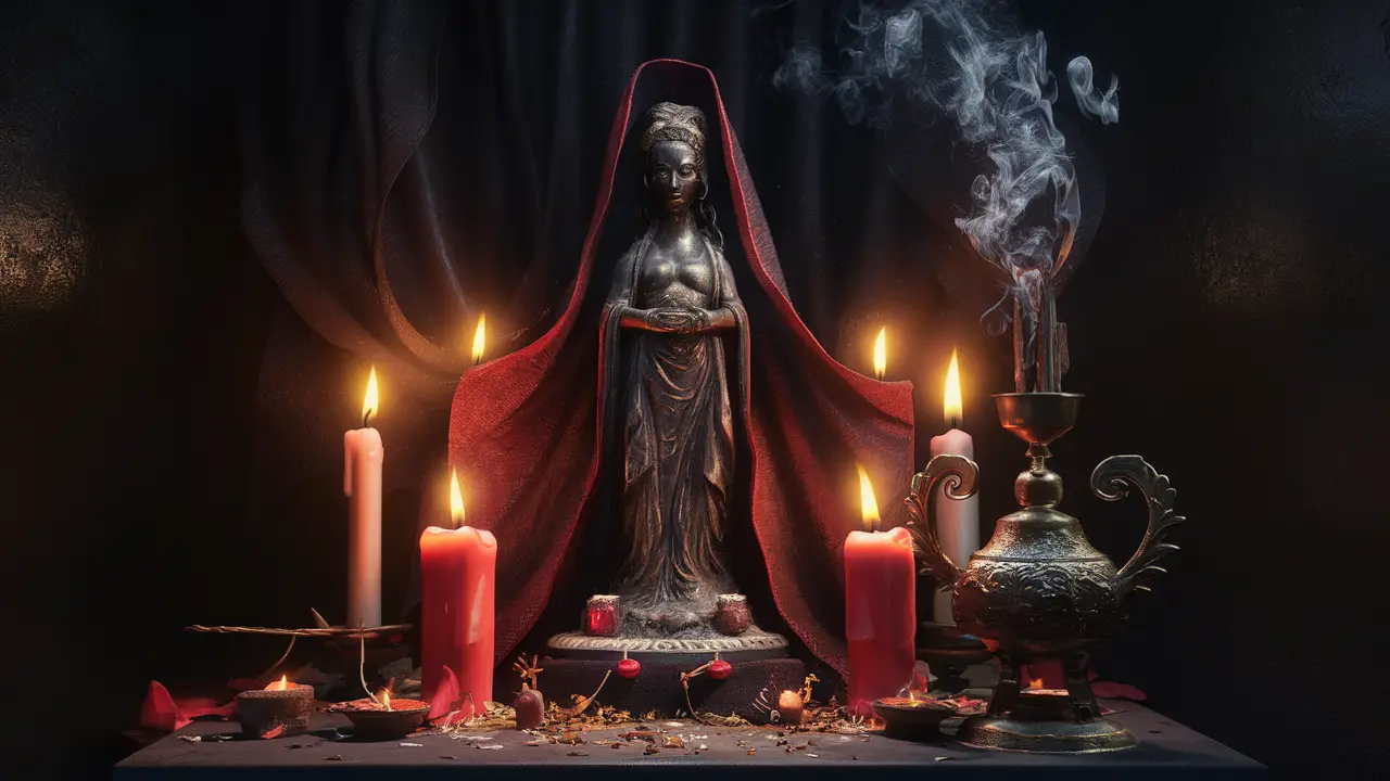 Altar místico com estátua de Maria Mulambo, tecidos vermelhos e pretos, velas acesas, oferendas e incensário de metal com fumaça.