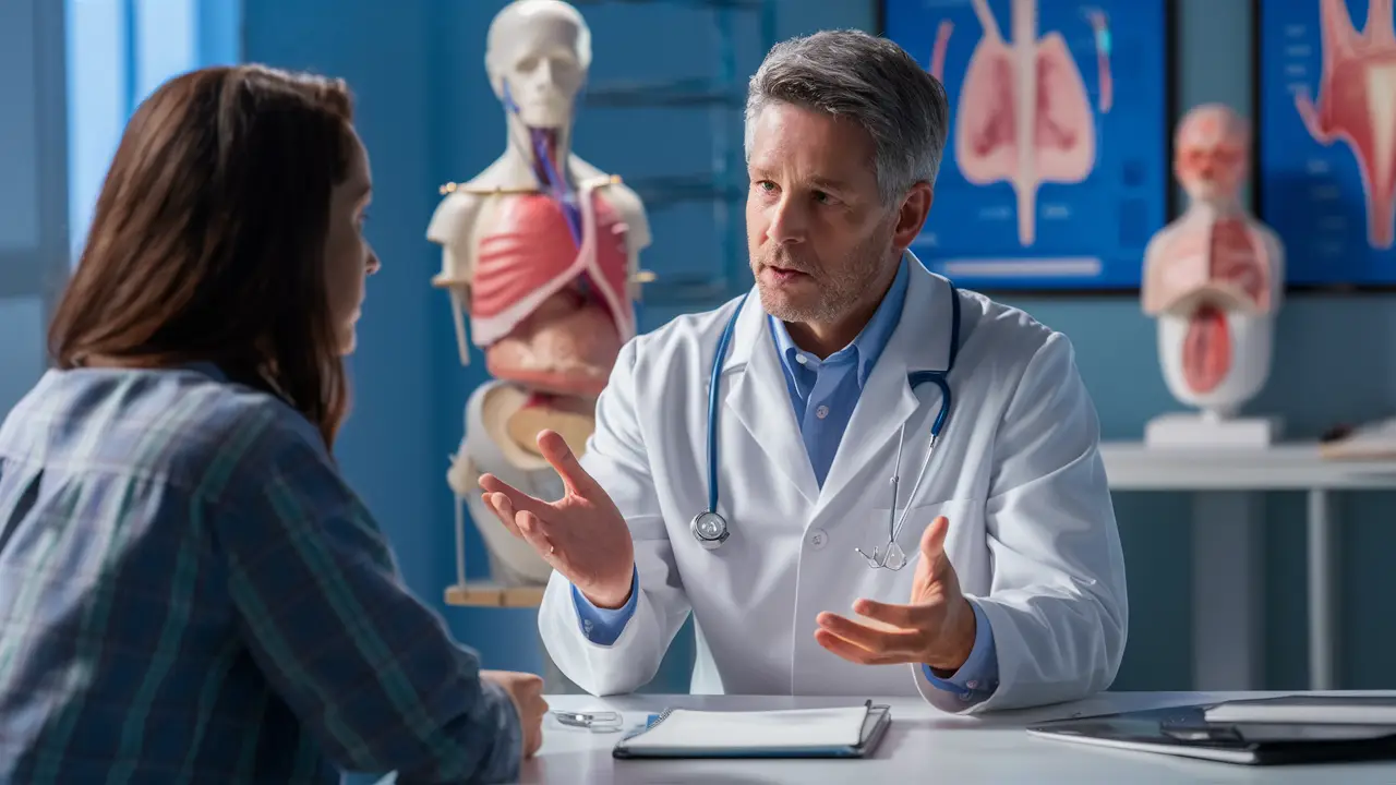 Médico explicando opções de tratamento cirúrgico para paciente em consultório moderno com modelos anatômicos.