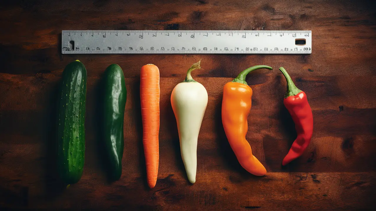 Régua ao lado de vários vegetais de diferentes tamanhos sobre uma mesa de madeira.