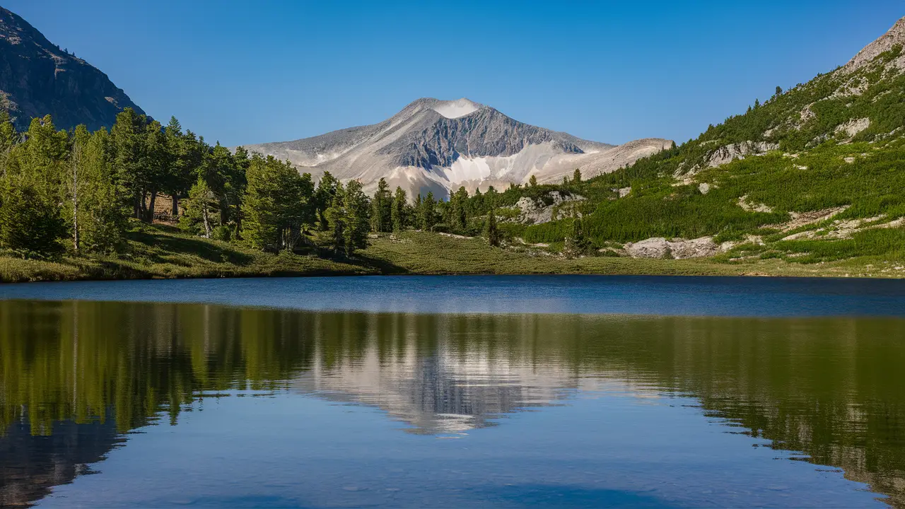 Lago sereno com árvores verdes e montanhas ao fundo sob céu azul claro.