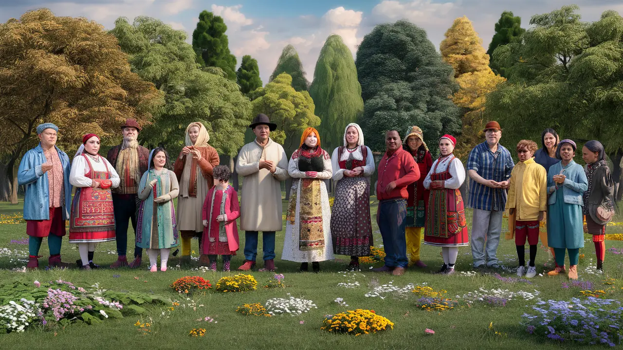 Pessoas de diversas culturas em trajes tradicionais em um parque com árvores e flores coloridas ao fundo.