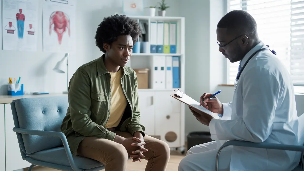 Pessoa preocupada sentada em consultório médico, com diagramas na parede e médico revisando anotações em prancheta.