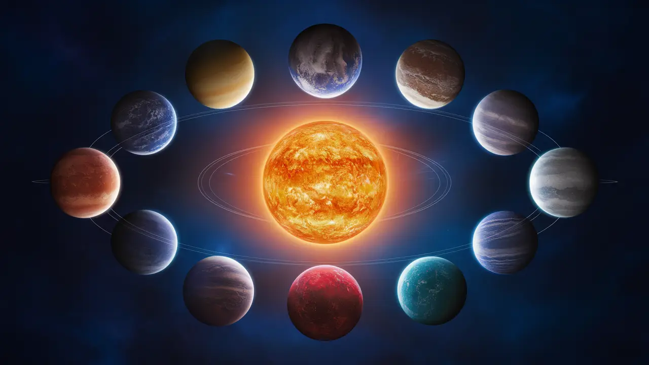 Doze planetas de cores e tamanhos variados orbitando um sol vibrante sobre um fundo cósmico azul profundo.