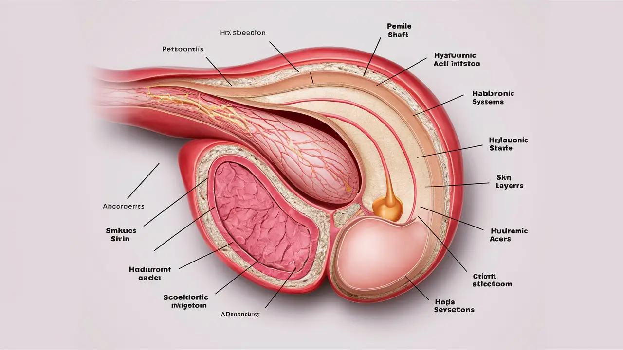 Ilustração anatômica detalhada da seção transversal do sistema reprodutor masculino destacando pontos de injeção peniana.