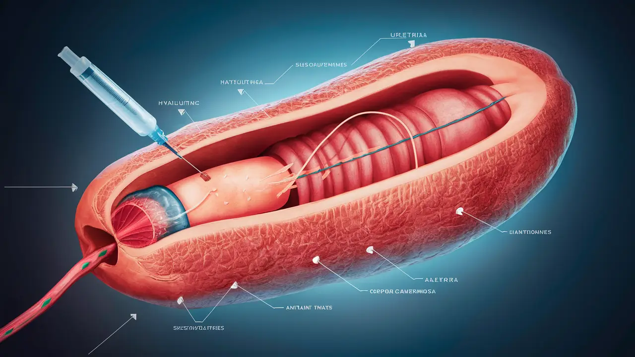 Ilustração médica detalhada de corte transversal do pênis com aplicação de injeção de ácido hialurônico.