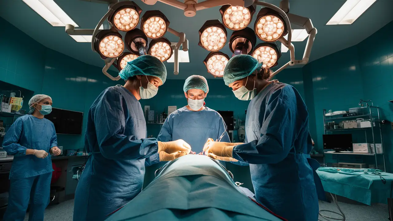 Profissionais de saúde em uma sala de cirurgia preparando-se para um procedimento com um paciente na mesa cirúrgica.