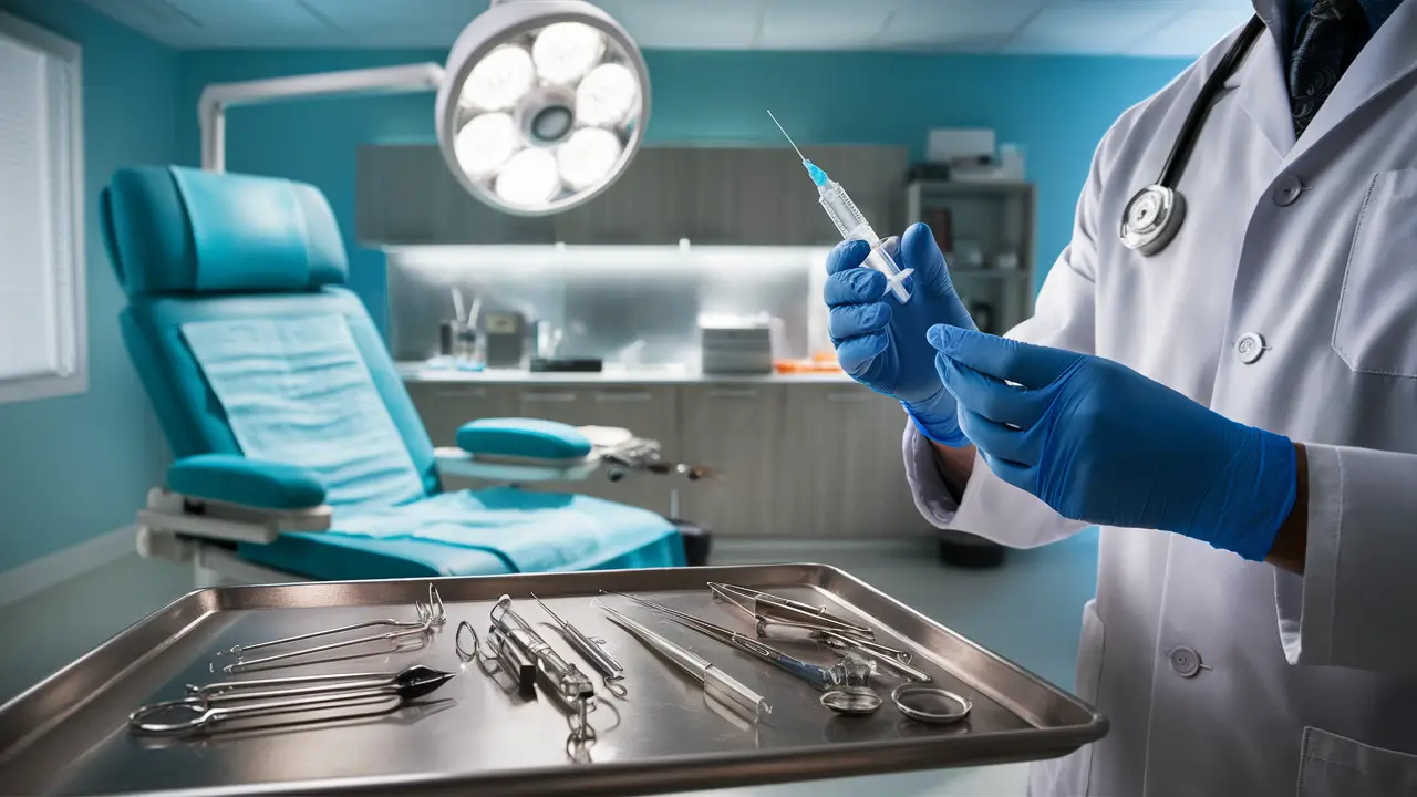 Consultório médico com instrumentos em uma bandeja de aço inoxidável e médico segurando seringa com líquido transparente.