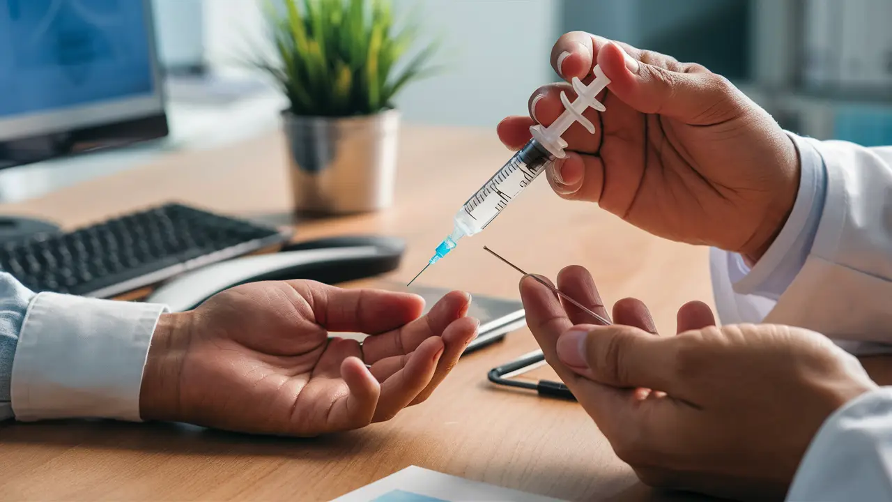 Mãos de médico segurando seringa com gel em um consultório, mostrando um procedimento médico.